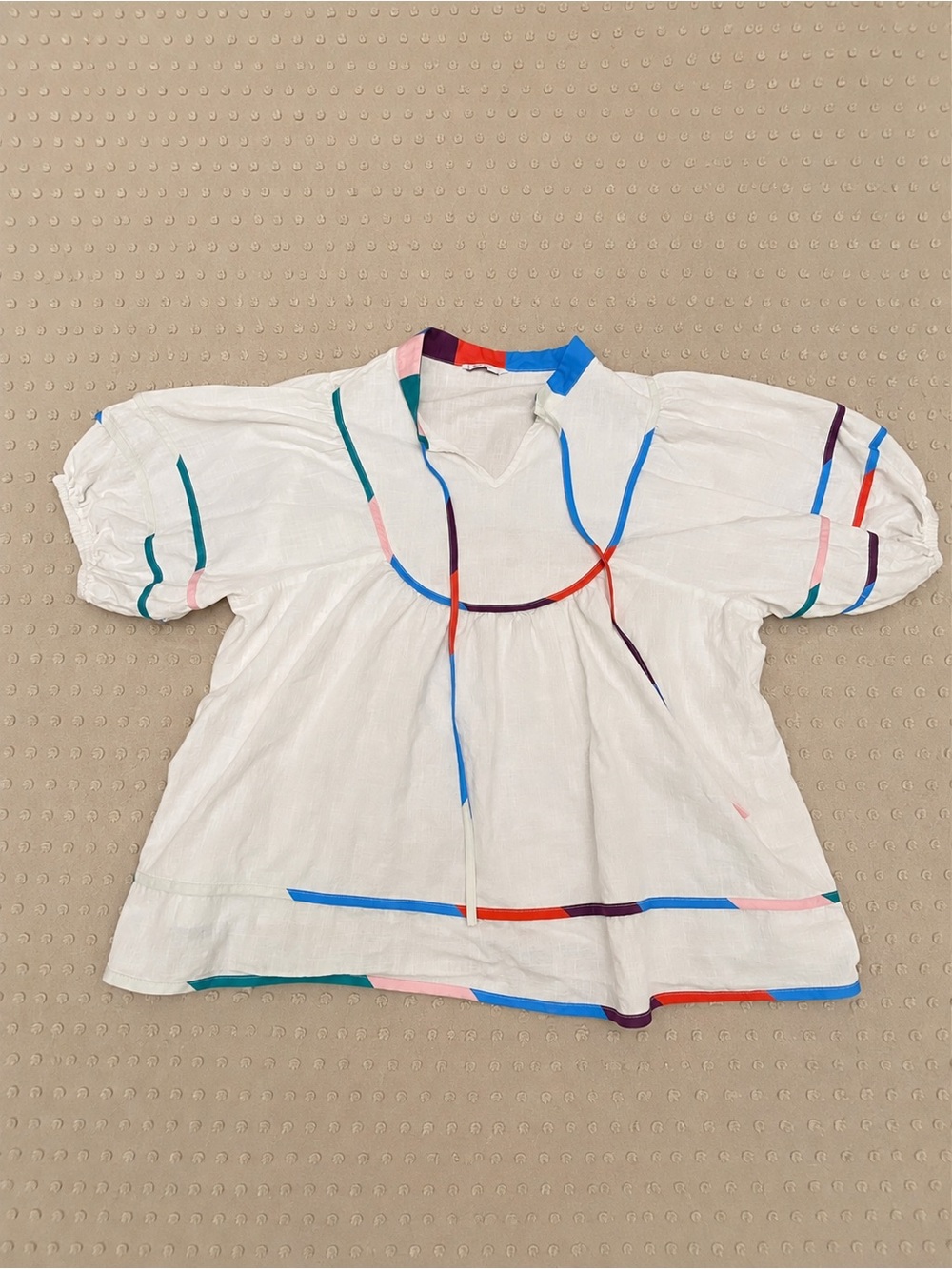 White Short-Sleeve Peasant Blouse with Colorful Trim